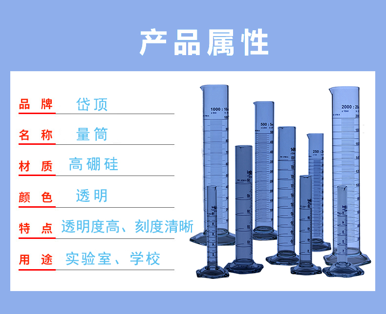 岱顶科技高硼硅透明带刻度六角底玻璃量筒5ml  10ml  25ml  50ml  100ml  250ml  500ml  1000ml  2000ml