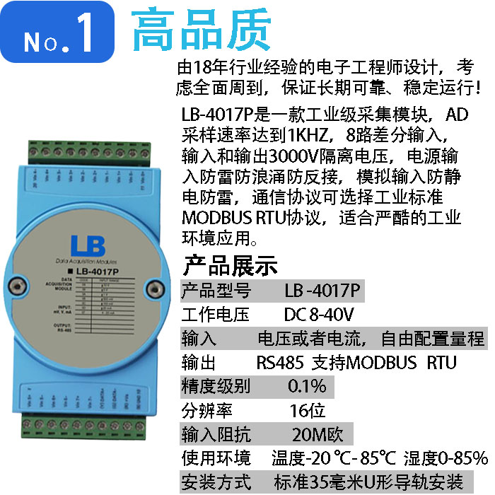 模拟量数据采集模块modbusrtu差分输入电压电流4-20mA转RS485